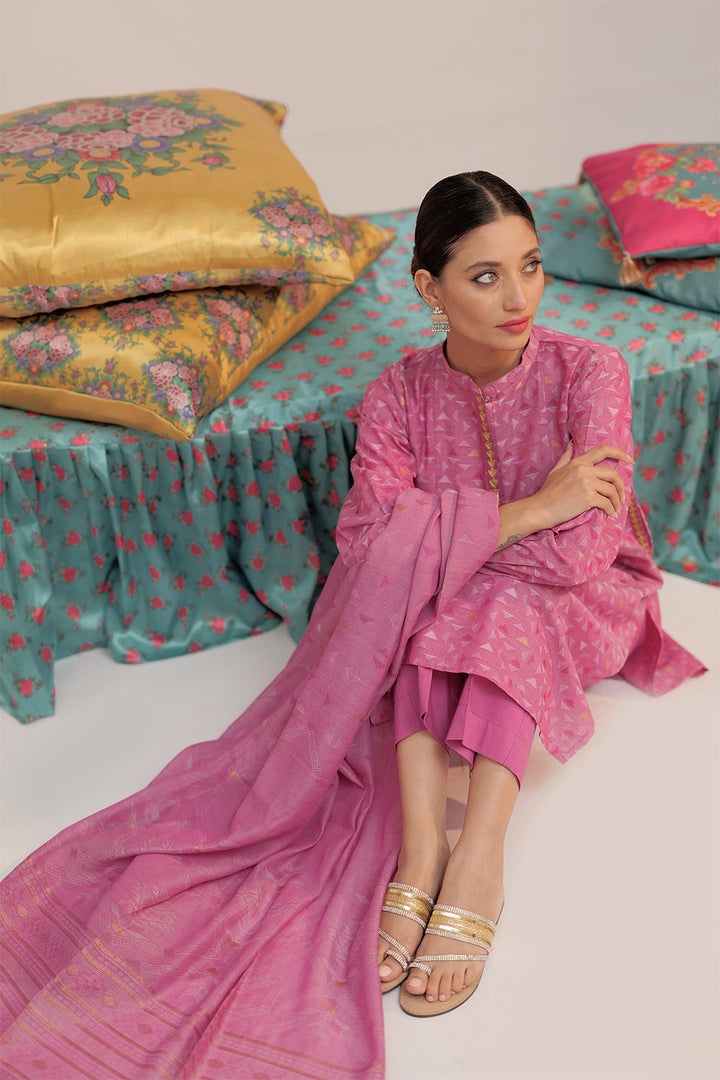 Senorita Women RTW Women Embroidered Shocking Pink and Gold Casual plus 3 Piece Suit Cotton Yarn dyed Jacquard LBD-02567 - Summer Collection