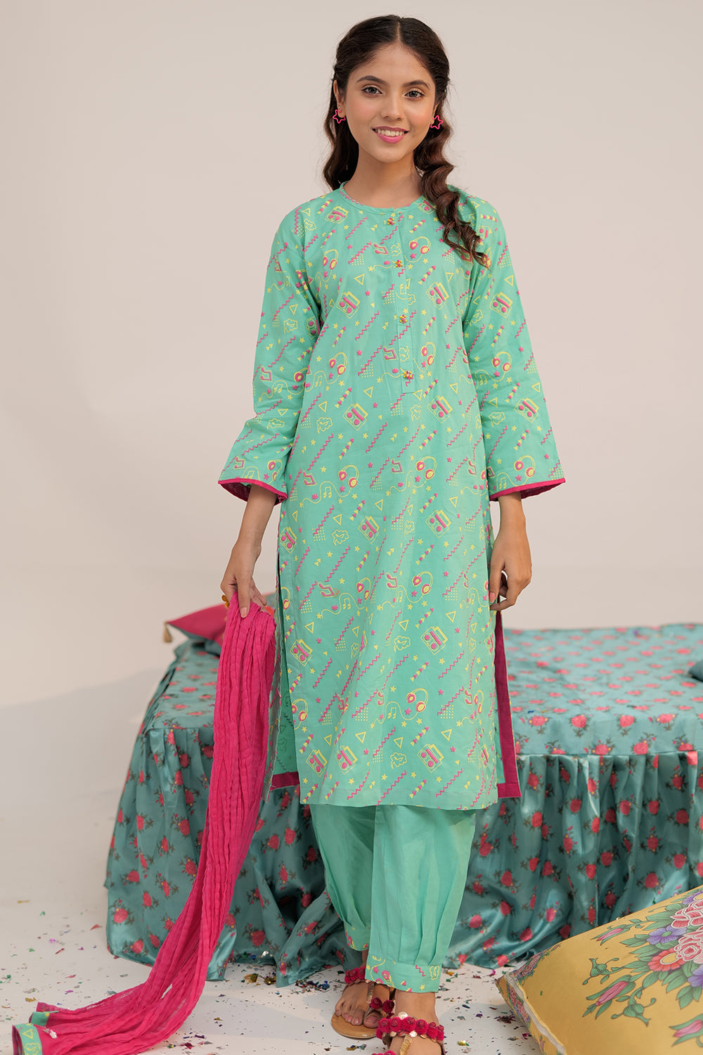 Senorita Girls Ready to Wear Girls Sea Green and Multicolor Casual 3 Piece Suit Cotton Cambric Printed GAD-02546 - Summer Collection
