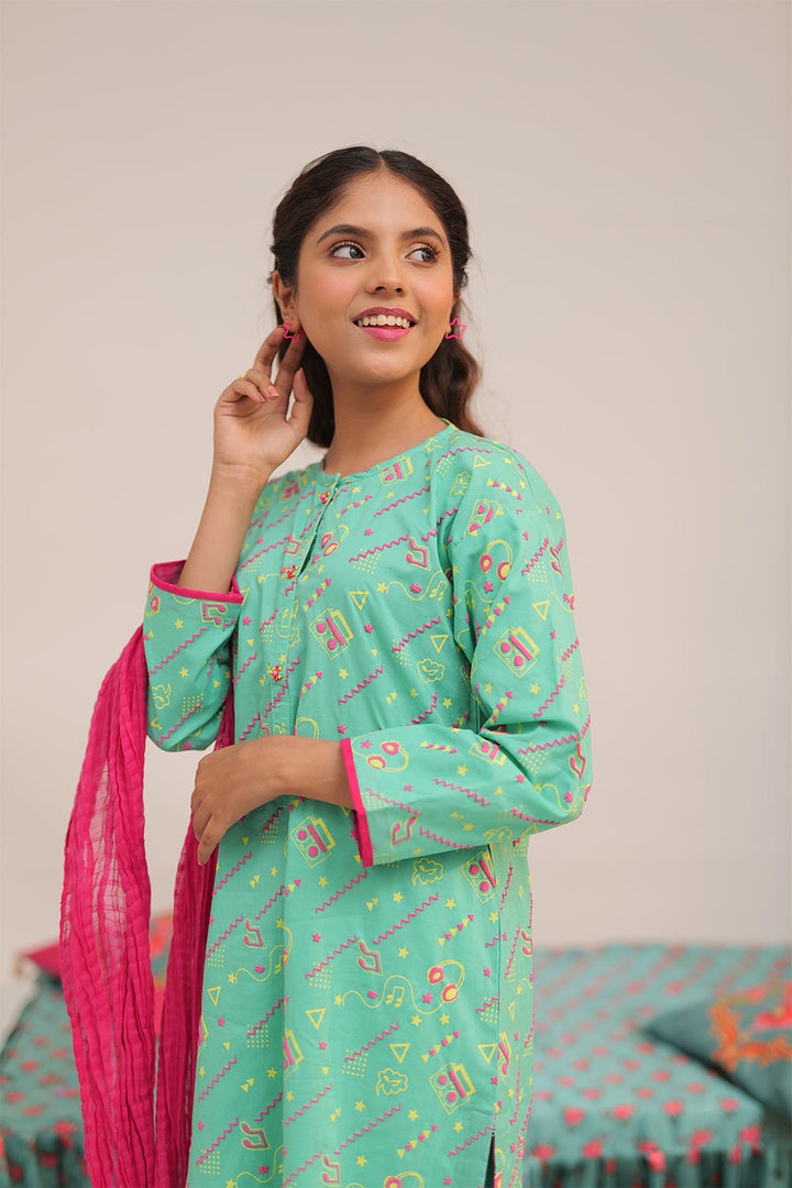 Senorita Girls Ready to Wear Girls Sea Green and Multicolor Casual 3 Piece Suit Cotton Cambric Printed GAD-02546 - Summer Collection
