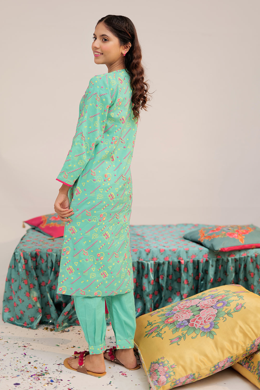 Senorita Girls Ready to Wear Girls Sea Green and Multicolor Casual 3 Piece Suit Cotton Cambric Printed GAD-02546 - Summer Collection