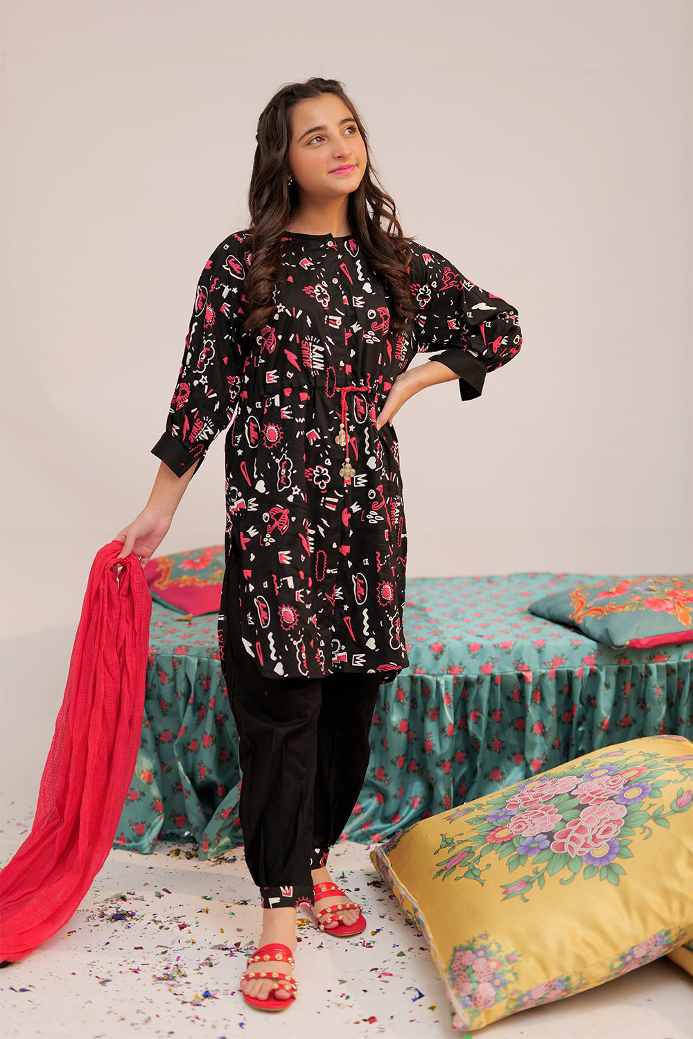 Senorita Girls Ready to Wear Girls Black and Multicolor Casual 3 Piece Suit Cotton Cambric Printed GAD-02547 - Summer Collection