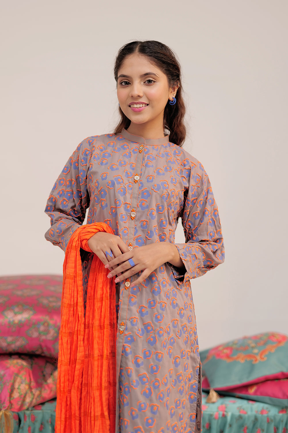 Senorita Girls Ready to Wear Girls Grey and Multicolor Casual 3 Piece Suit Cotton Cambric Printed GAD-02545 - Summer Collection