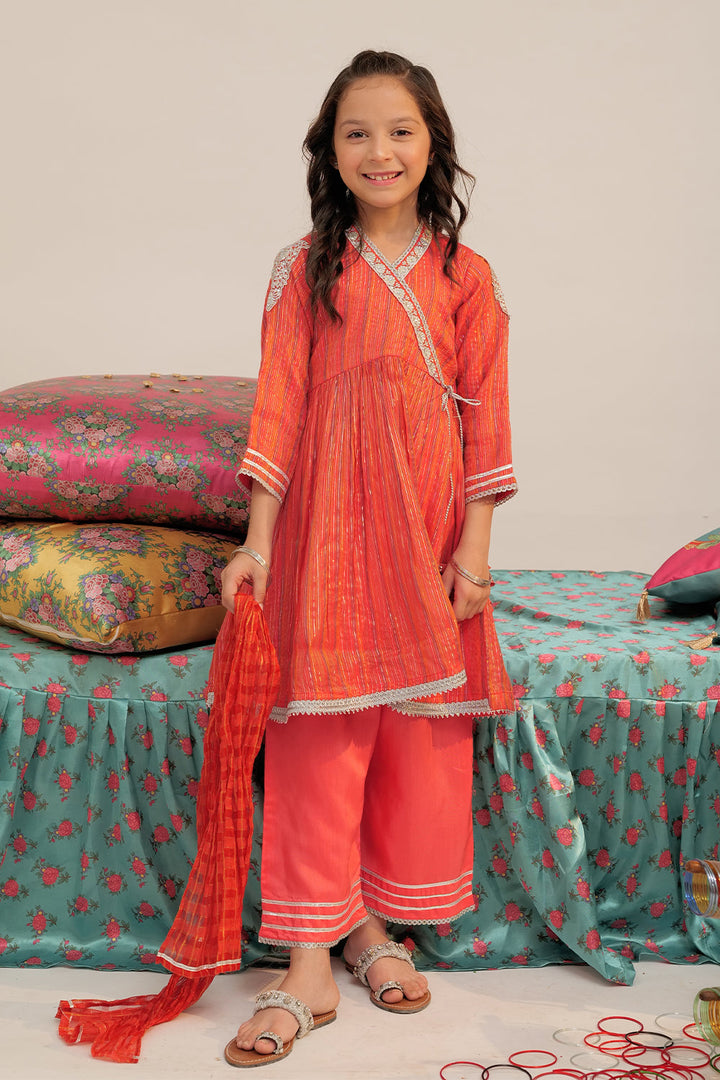 Senorita Kids RTW Peach and Multicolor Formal 3 Piece Suit Banarsi Dobby KDD-02433 - Winter Collection