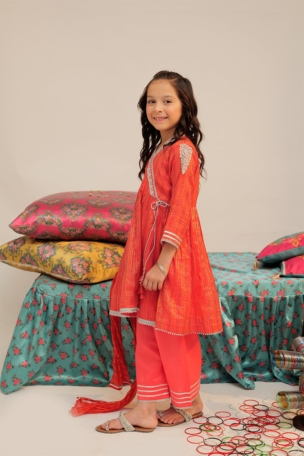 Senorita Kids RTW Peach and Multicolor Formal 3 Piece Suit Banarsi Dobby KDD-02433 - Winter Collection