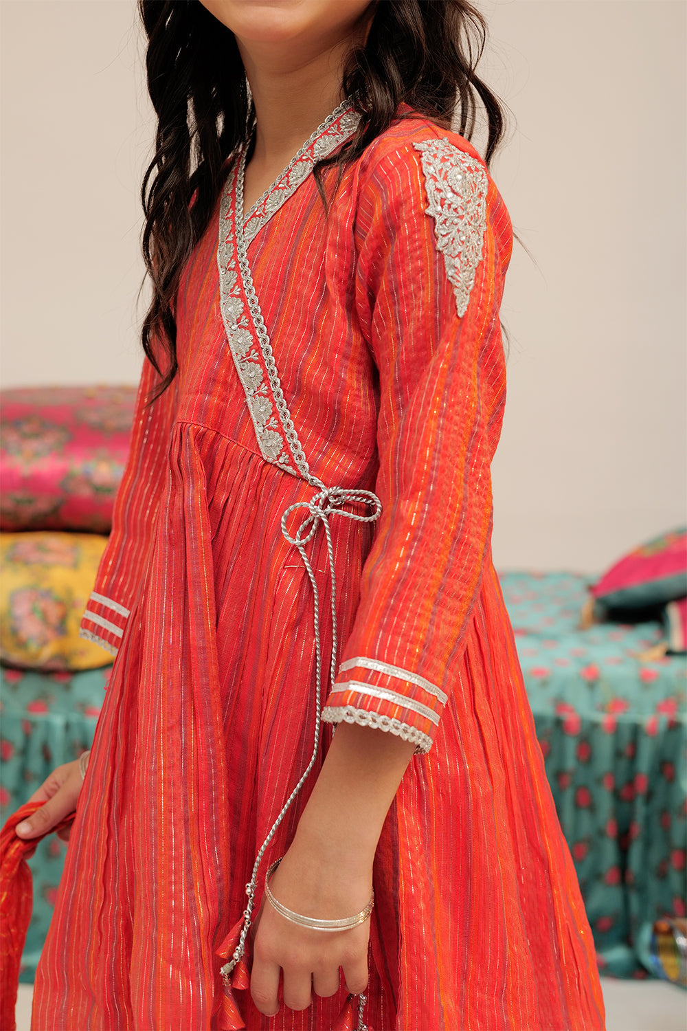 Senorita Kids RTW Peach and Multicolor Formal 3 Piece Suit Banarsi Dobby KDD-02433 - Winter Collection