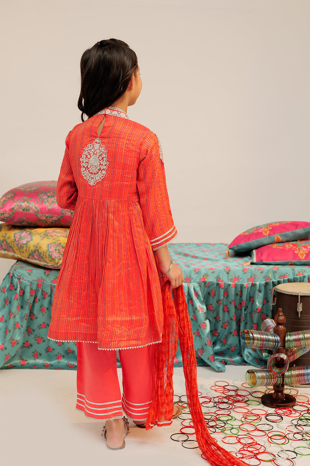 Senorita Kids RTW Peach and Multicolor Formal 3 Piece Suit Banarsi Dobby KDD-02433 - Winter Collection