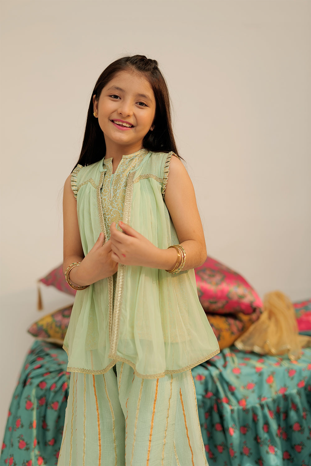 Senorita Kids RTW Light Green and Gold Formal 3 Piece Suit Pure Shafoon Banarsi KDD-02571 - Winter Collection