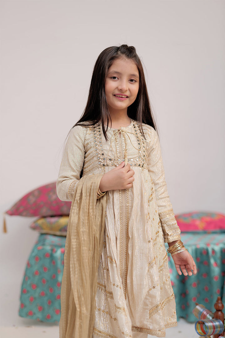 Senorita Kids RTW Fawn and Gold Formal 3 Piece Suit Banarsi Shimmer and Organza tissue KDD-02735 - Winter Collection