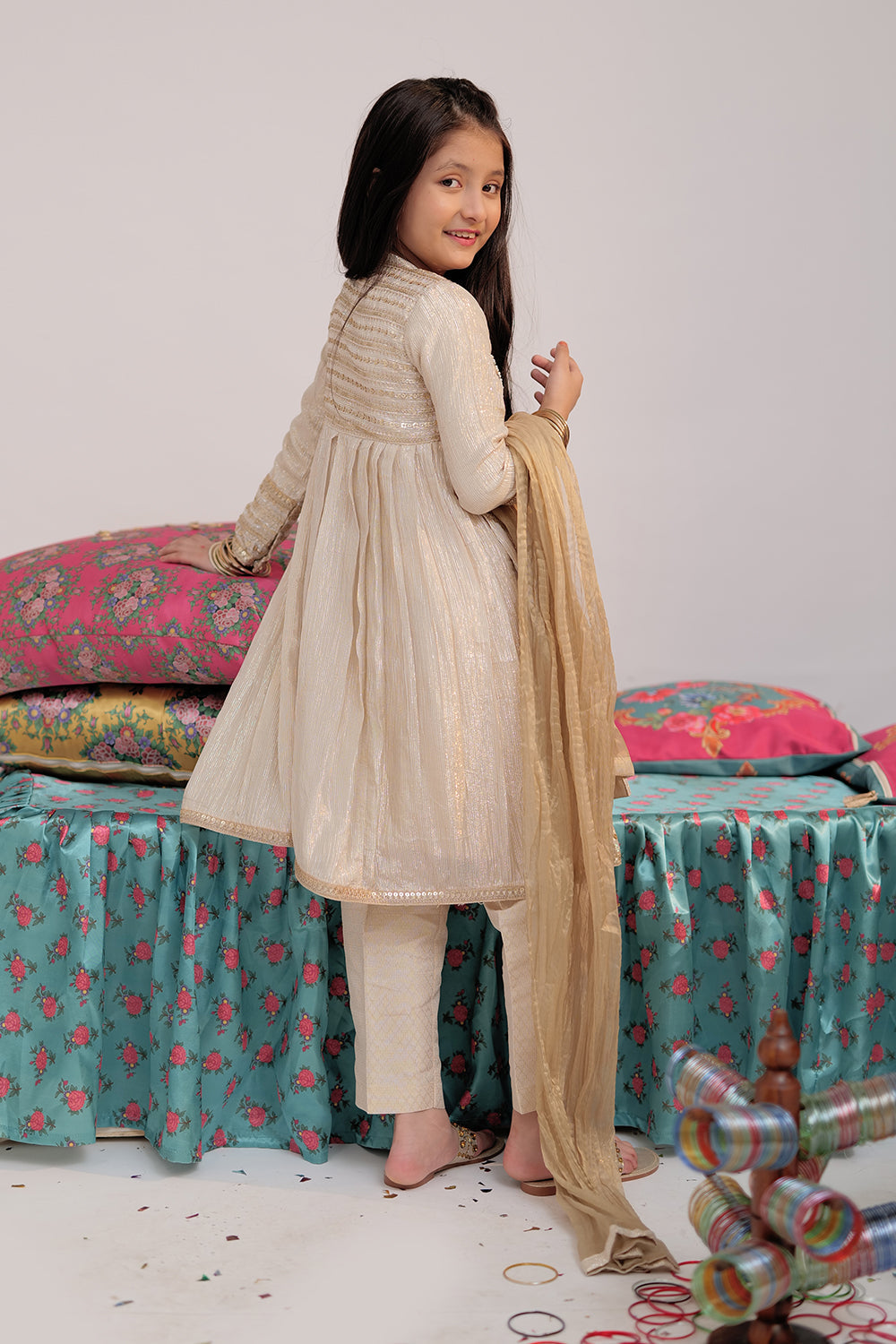 Senorita Kids RTW Fawn and Gold Formal 3 Piece Suit Banarsi Shimmer and Organza tissue KDD-02735 - Winter Collection