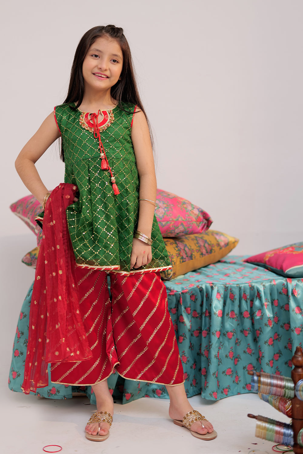 Senorita Kids RTW Green and Red Formal 3 Piece Suit Banarsi Organza KDD-02419 - Winter Collection