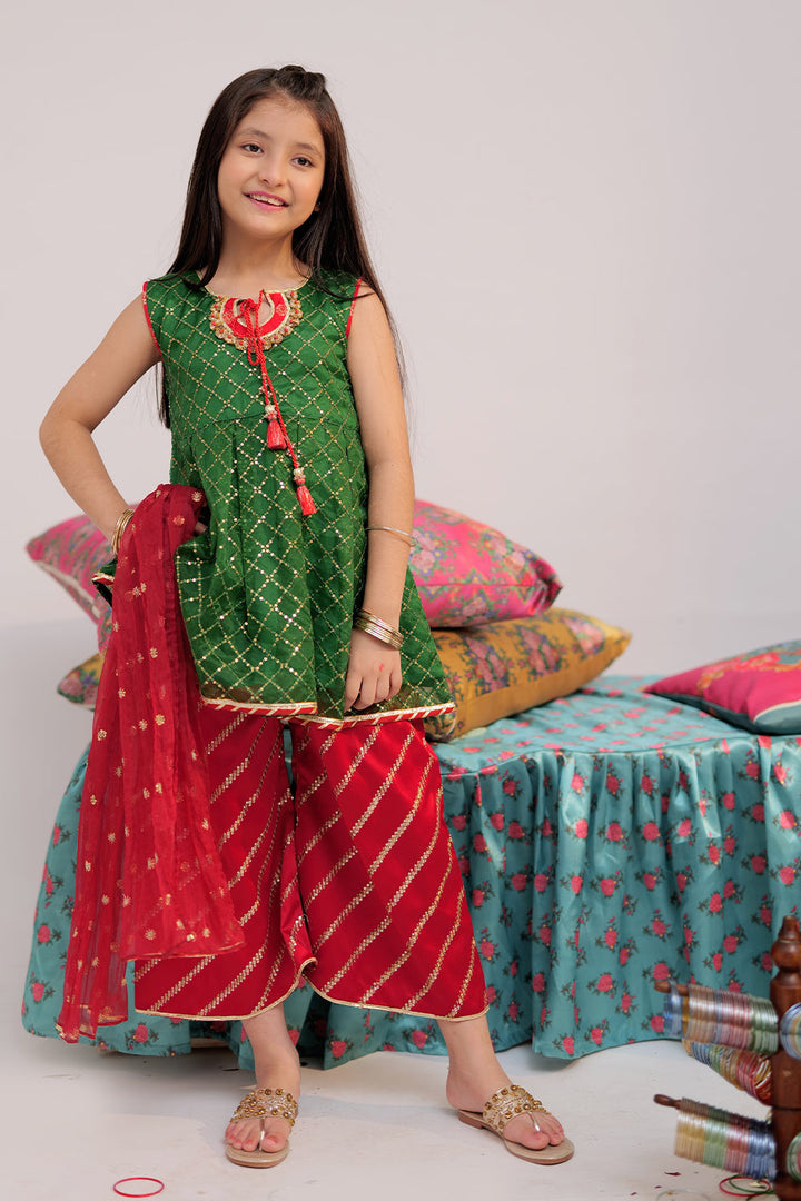 Senorita Kids RTW Green and Red Formal 3 Piece Suit Banarsi Organza KDD-02419 - Winter Collection