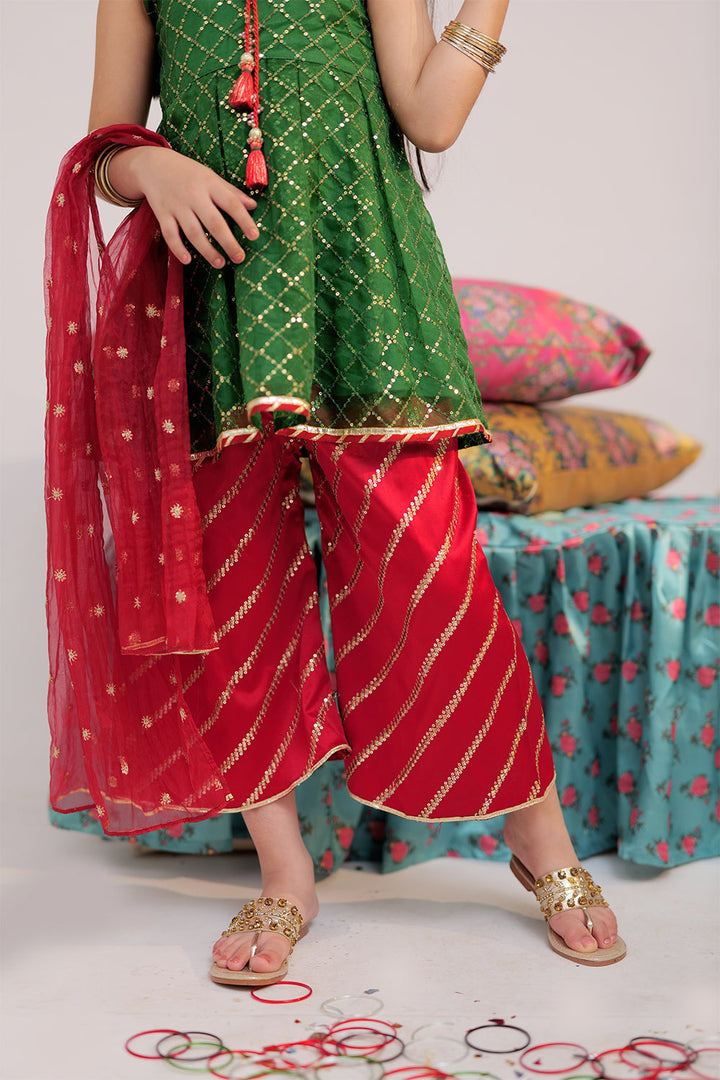 Senorita Kids RTW Green and Red Formal 3 Piece Suit Banarsi Organza KDD-02419 - Winter Collection