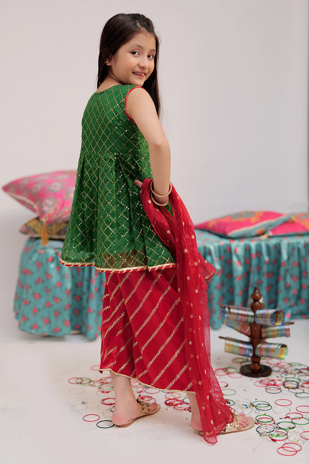 Senorita Kids RTW Green and Red Formal 3 Piece Suit Banarsi Organza KDD-02419 - Winter Collection
