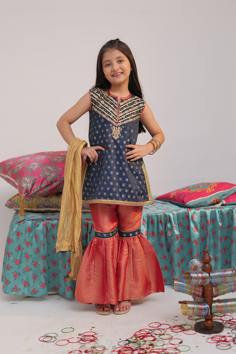 Senorita Kids RTW Navy Blue and Shocking Ping Formal 3 Piece Suit Banarsi Jacquard KDD-02418 - Winter Collection