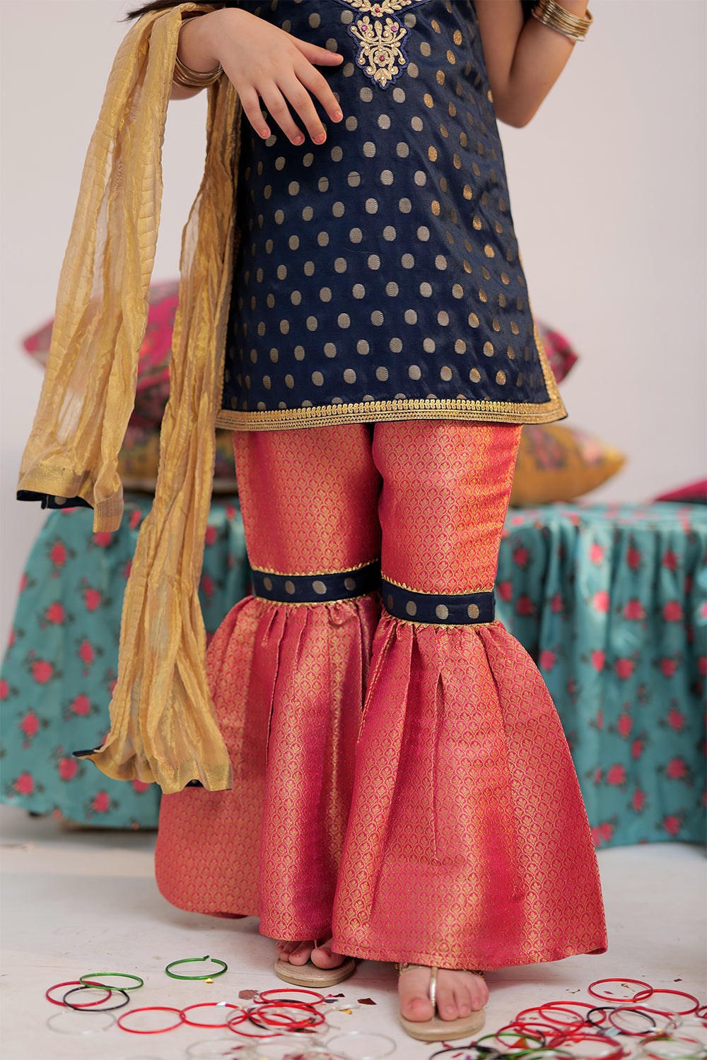 Senorita Kids RTW Navy Blue and Shocking Ping Formal 3 Piece Suit Banarsi Jacquard KDD-02418 - Winter Collection