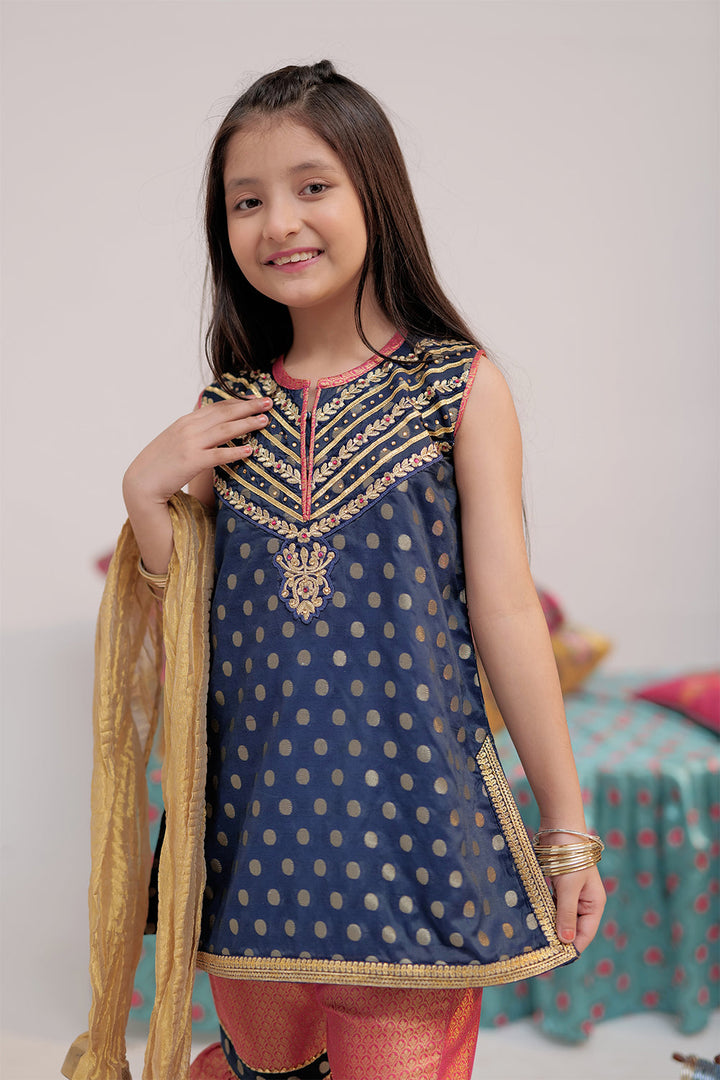 Senorita Kids RTW Navy Blue and Shocking Ping Formal 3 Piece Suit Banarsi Jacquard KDD-02418 - Winter Collection