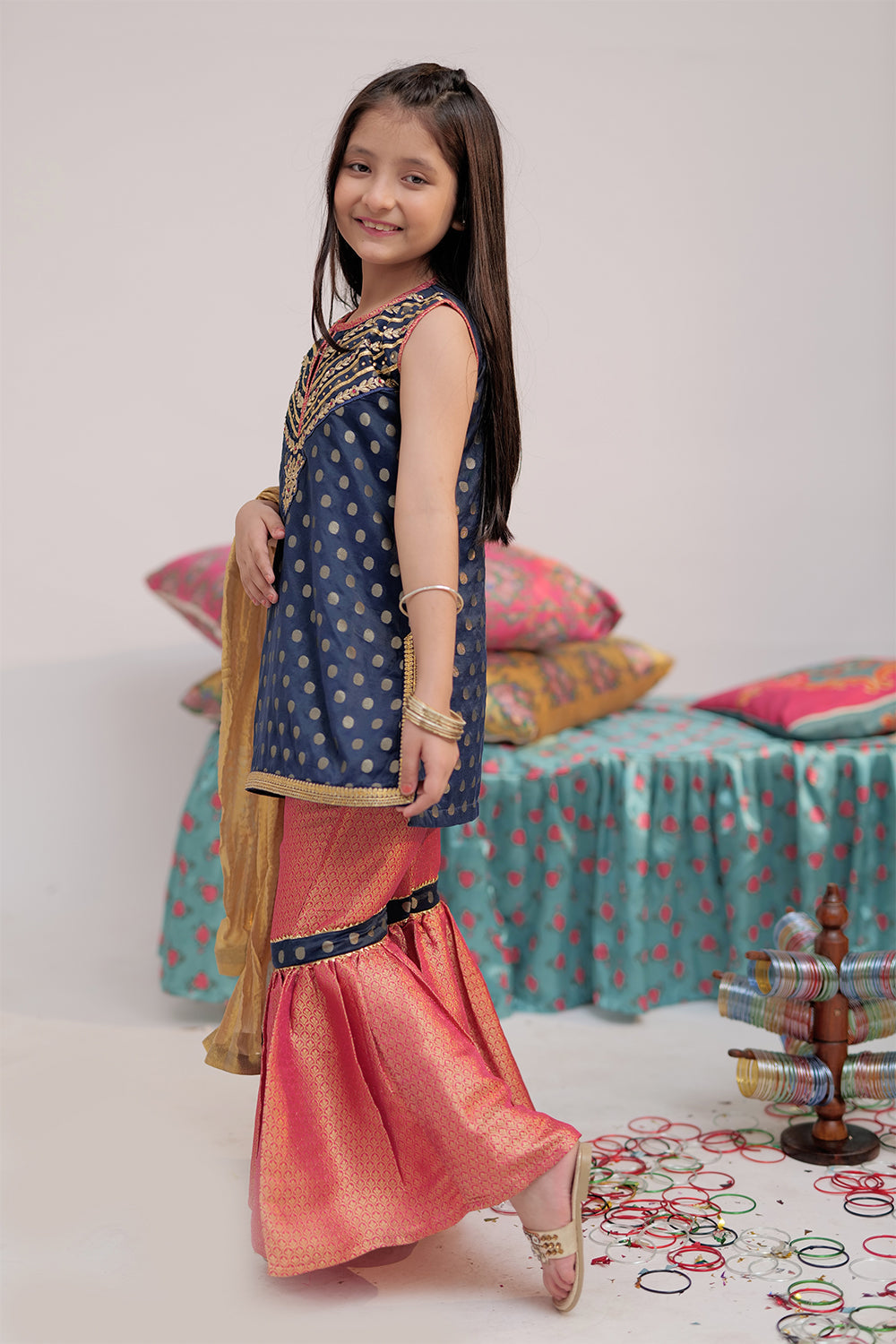Senorita Kids RTW Navy Blue and Shocking Ping Formal 3 Piece Suit Banarsi Jacquard KDD-02418 - Winter Collection
