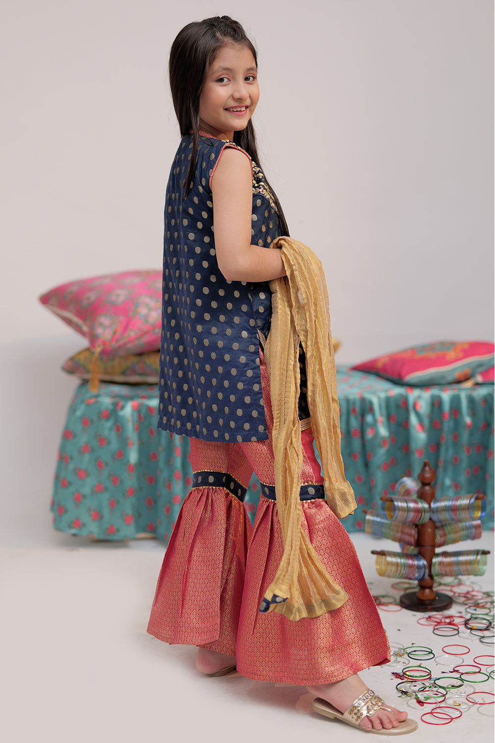 Senorita Kids RTW Navy Blue and Shocking Ping Formal 3 Piece Suit Banarsi Jacquard KDD-02418 - Winter Collection