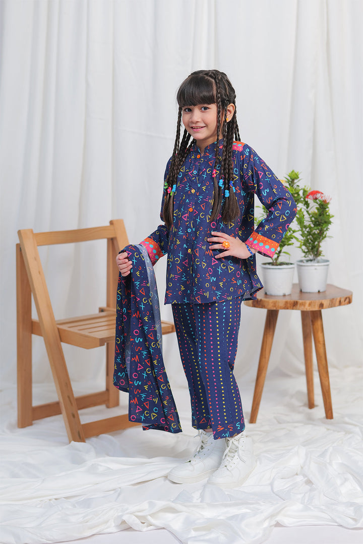 Senorita Kids RTW N.Blue and Multicolor Casual 3 Piece Suit Viscose Acrylic Linen Printed KAD-02108 - Winter Collection