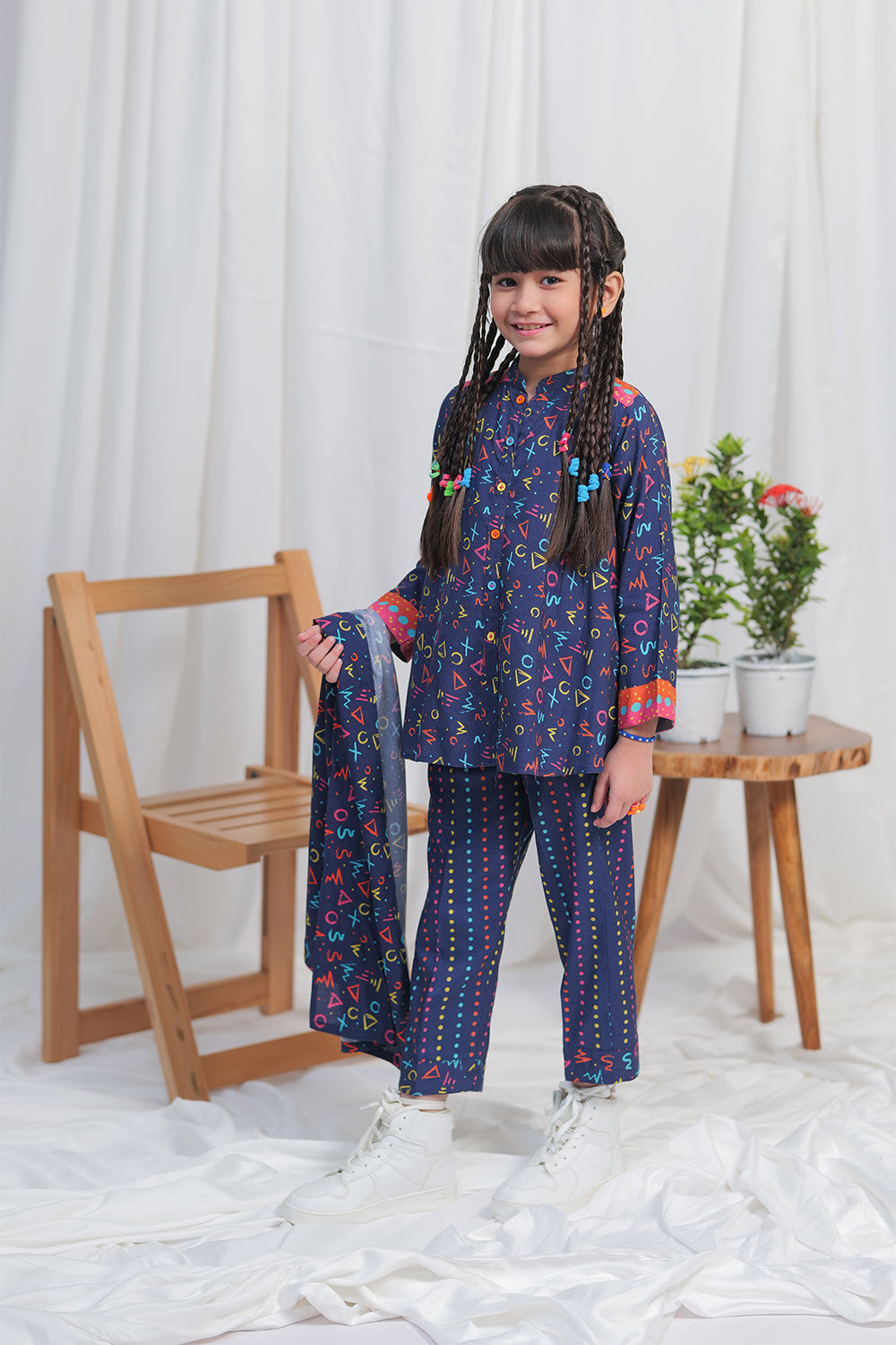 Senorita Kids RTW N.Blue and Multicolor Casual 3 Piece Suit Viscose Acrylic Linen Printed KAD-02108 - Winter Collection