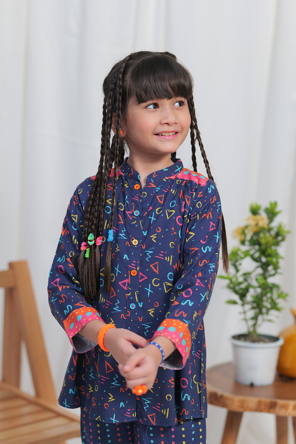Senorita Kids RTW N.Blue and Multicolor Casual 3 Piece Suit Viscose Acrylic Linen Printed KAD-02108 - Winter Collection