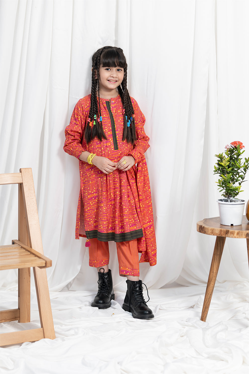 Senorita Kids RTW Orange and Multicolor Casual 3 Piece Suit Viscose Acrylic Linen Printed KAD-02085 - Winter Collection