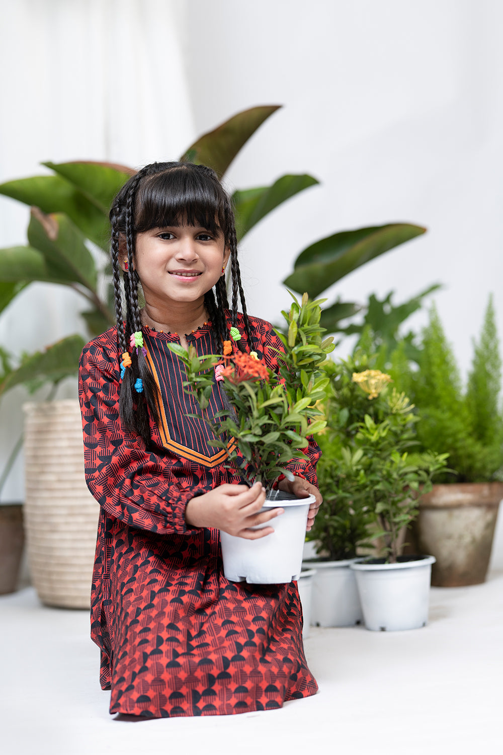 Senorita Kids RTW Red and Black Casual 3 Piece Suit Viscose Acrylic Linen Printed KAD-02124 - Winter Collection