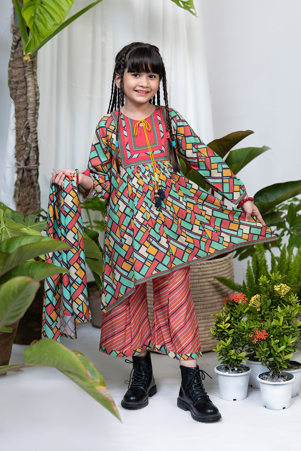 Senorita Kids RTW Red and Multicolor Casual 3 Piece Suit Viscose Acrylic Linen Printed KAD-02084 - Winter Collection