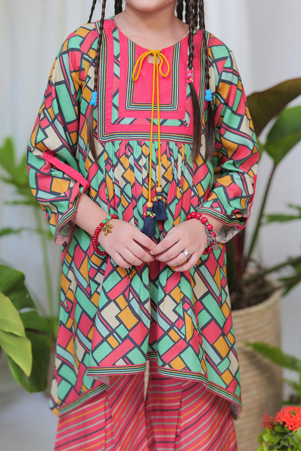 Senorita Kids RTW Red and Multicolor Casual 3 Piece Suit Viscose Acrylic Linen Printed KAD-02084 - Winter Collection