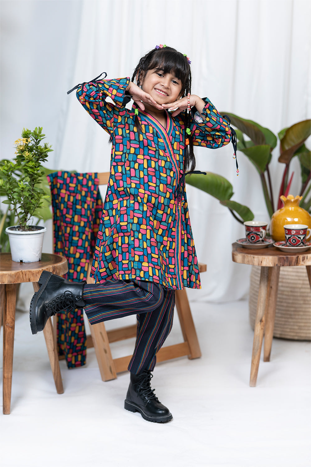 Senorita Kids RTW Black and MultiColor Casual 3 Piece Suit Viscose Acrylic Linen Printed KAD-02083 - Winter Collection