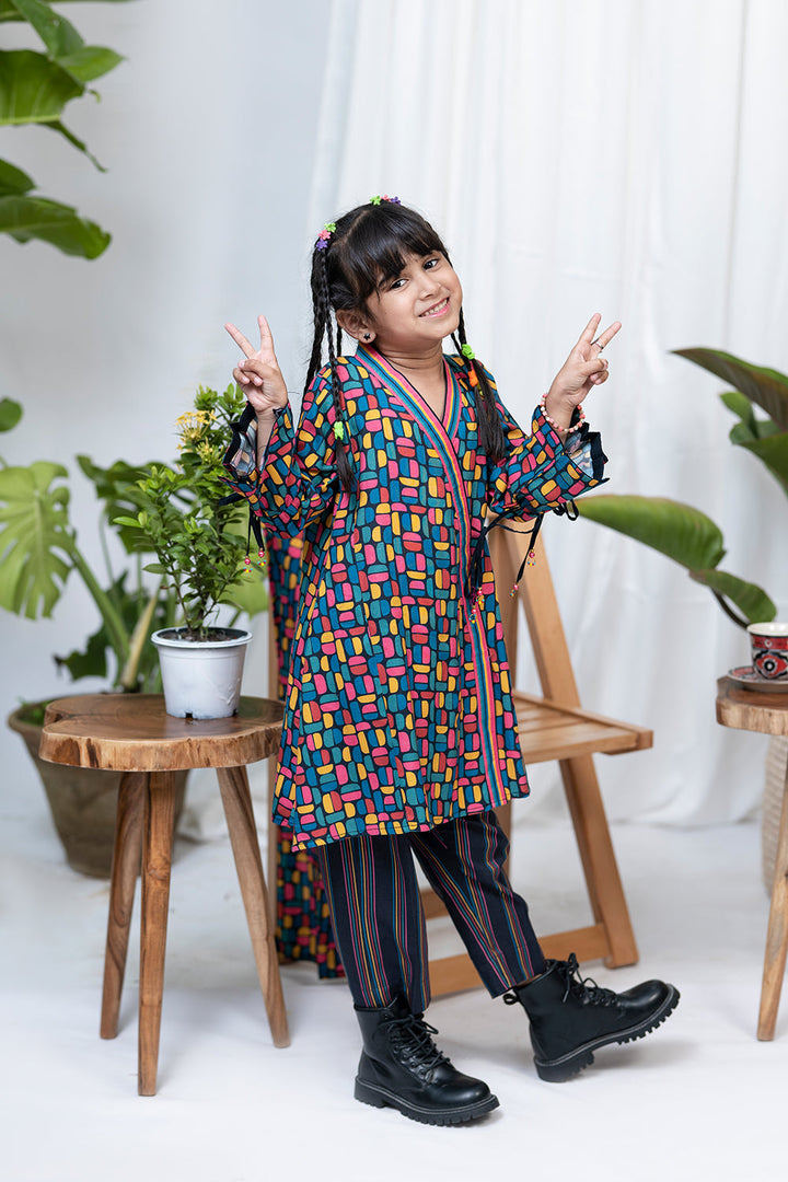 Senorita Kids RTW Black and MultiColor Casual 3 Piece Suit Viscose Acrylic Linen Printed KAD-02083 - Winter Collection