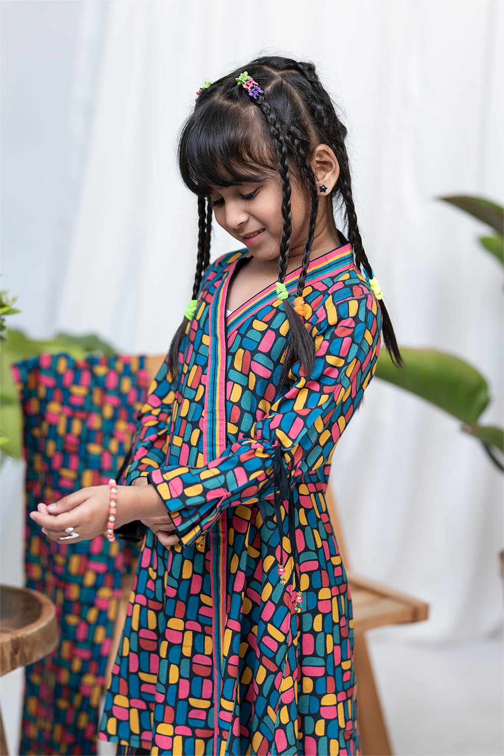 Senorita Kids RTW Black and MultiColor Casual 3 Piece Suit Viscose Acrylic Linen Printed KAD-02083 - Winter Collection