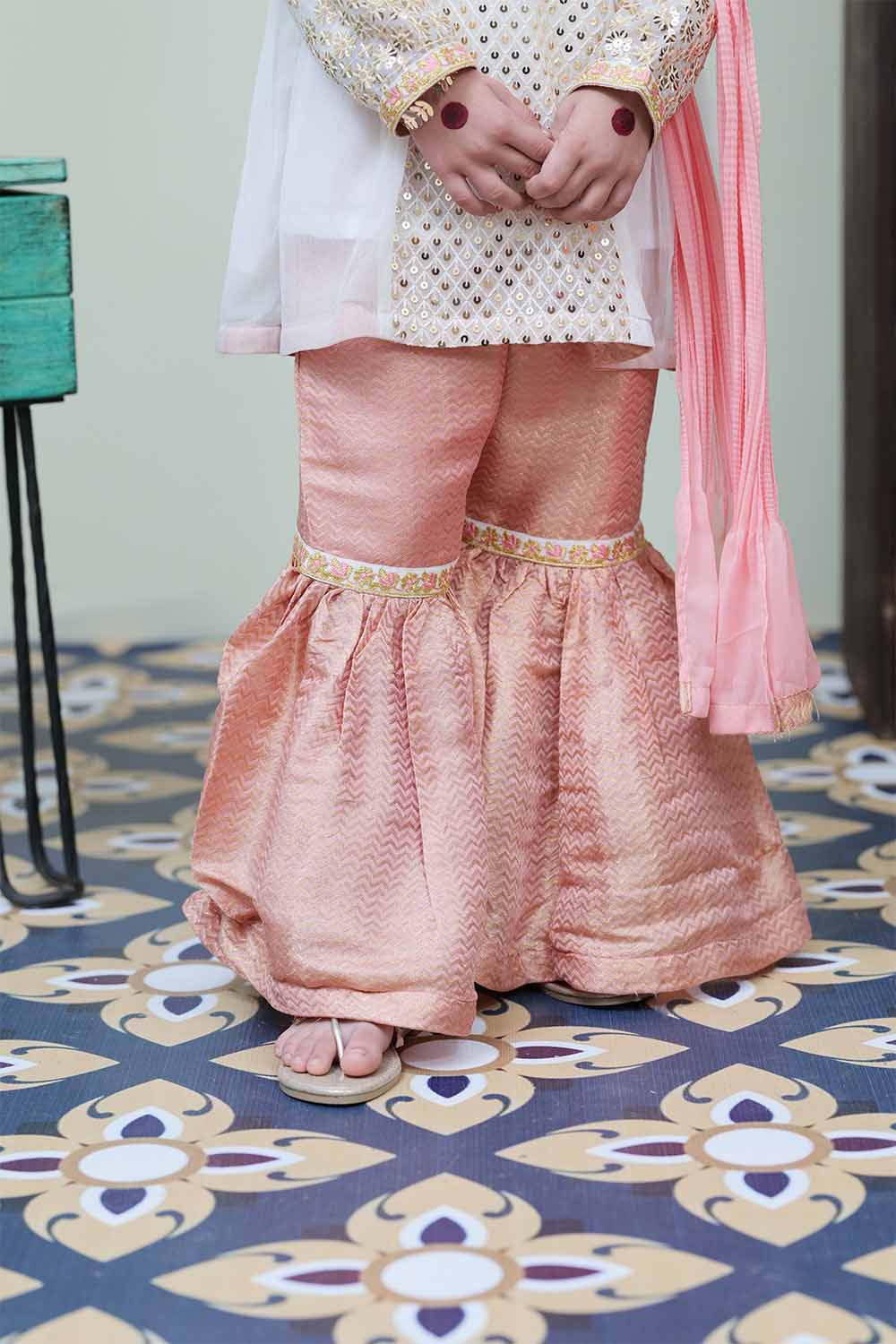 Senorita Kids RTW Off white and Pink Formal 3 Piece Suit Banarsi Viscose Jacquard KDD-02053 - Winter Collection