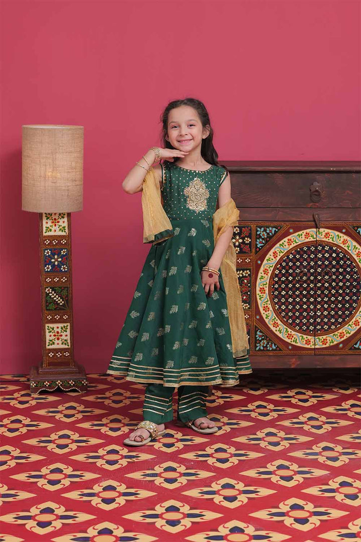 Senorita Kids RTW Bottle Green and Gold Formal 3 Piece Suit Banarsi Viscose Jacquard KDD-02054 - Winter Collection