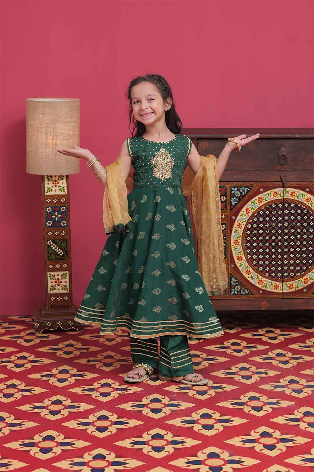Senorita Kids RTW Bottle Green and Gold Formal 3 Piece Suit Banarsi Viscose Jacquard KDD-02054 - Winter Collection