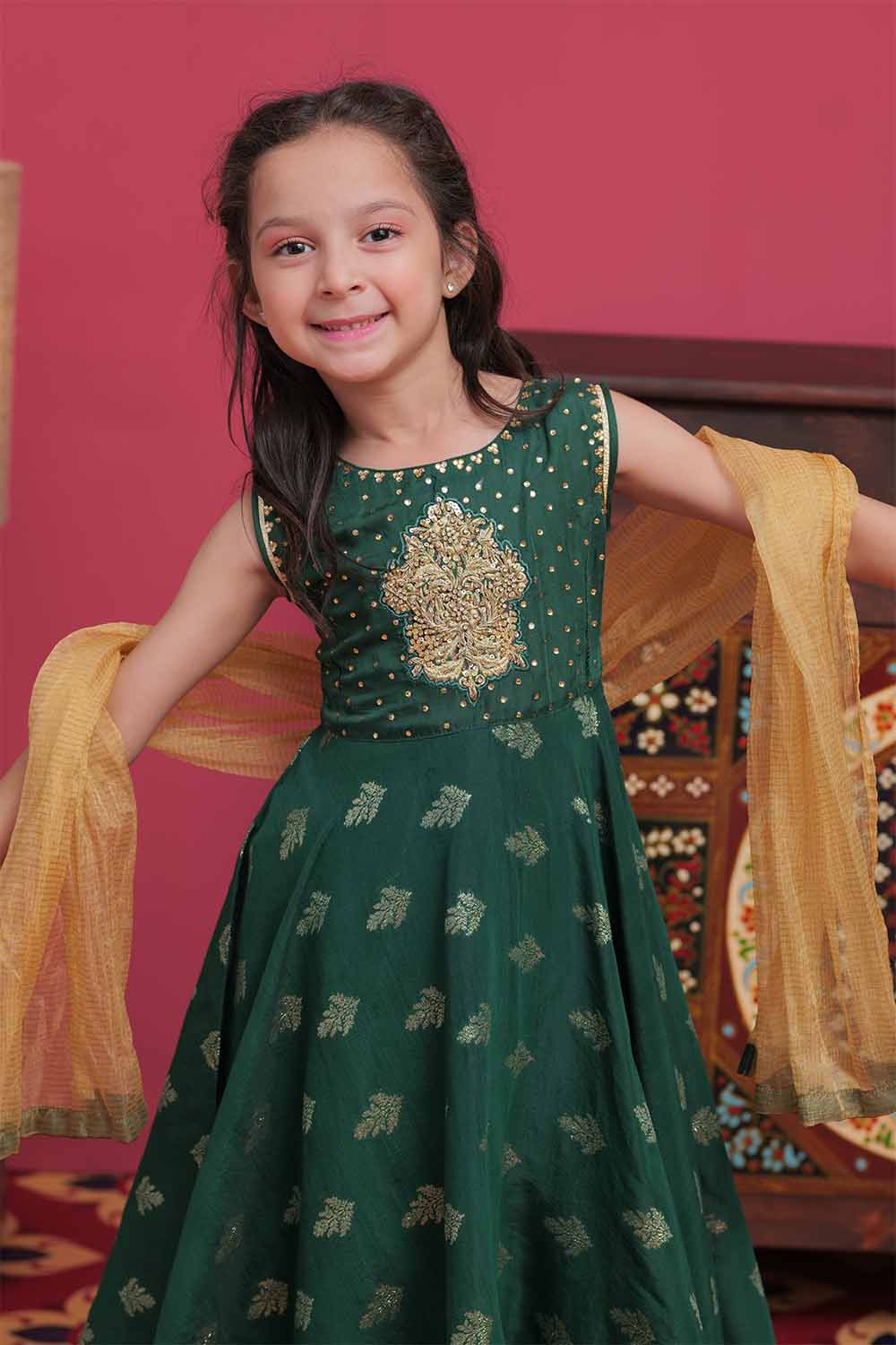 Senorita Kids RTW Bottle Green and Gold Formal 3 Piece Suit Banarsi Viscose Jacquard KDD-02054 - Winter Collection
