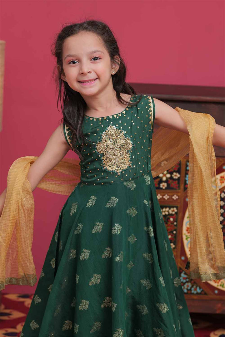 Senorita Kids RTW Bottle Green and Gold Formal 3 Piece Suit Banarsi Viscose Jacquard KDD-02054 - Winter Collection