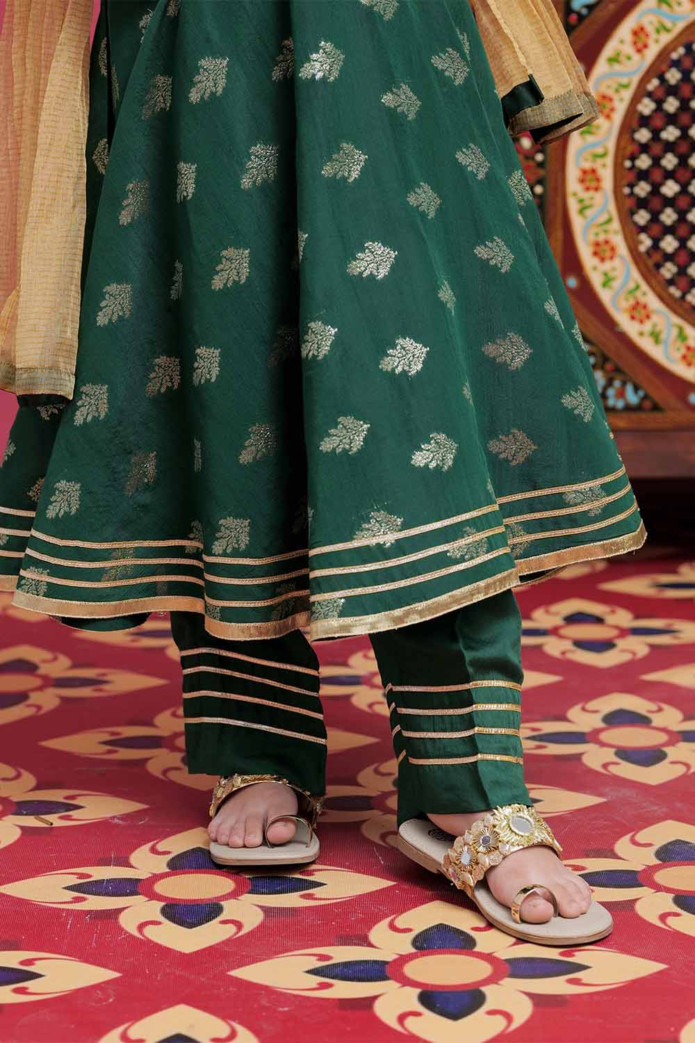 Senorita Kids RTW Bottle Green and Gold Formal 3 Piece Suit Banarsi Viscose Jacquard KDD-02054 - Winter Collection