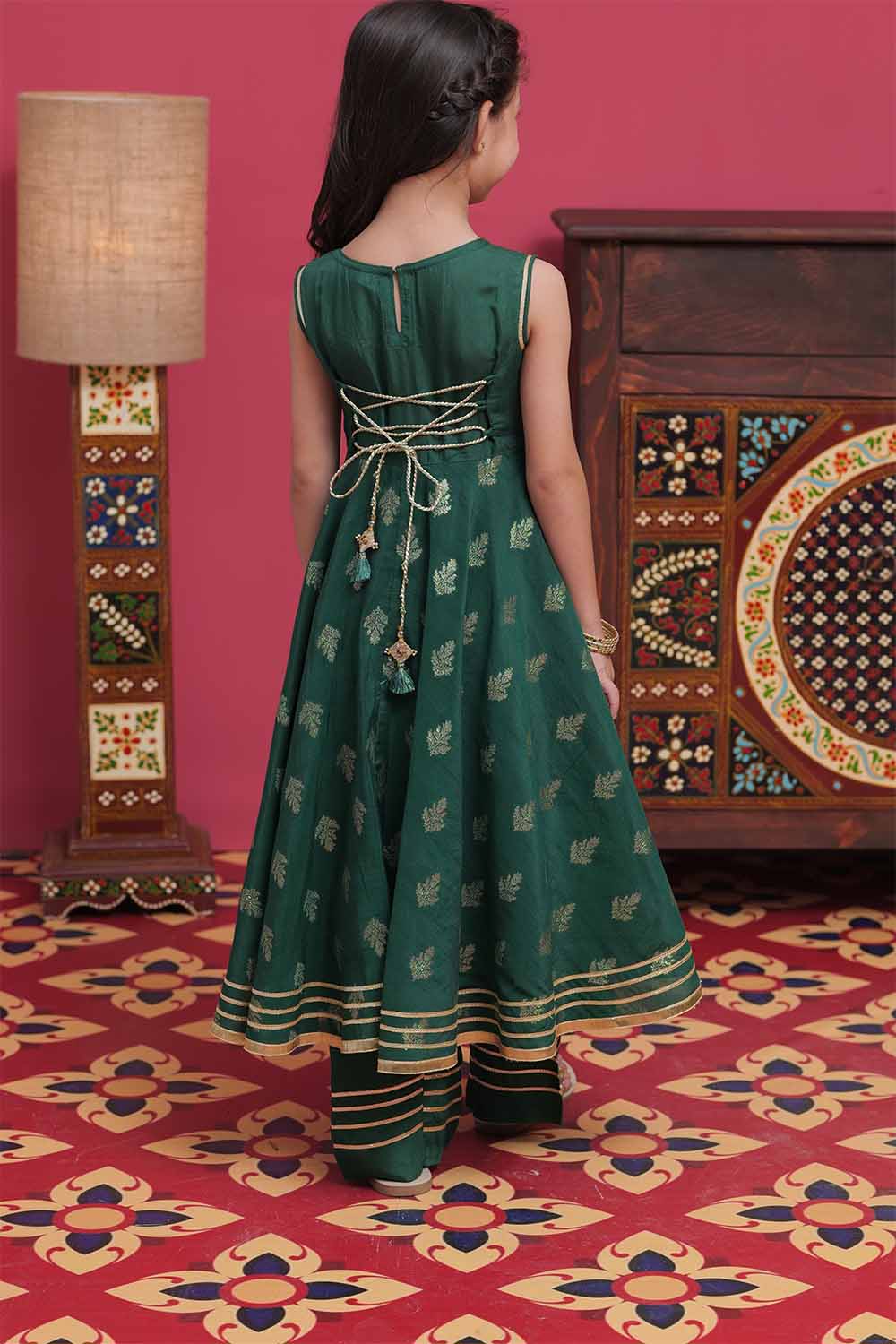 Senorita Kids RTW Bottle Green and Gold Formal 3 Piece Suit Banarsi Viscose Jacquard KDD-02054 - Winter Collection