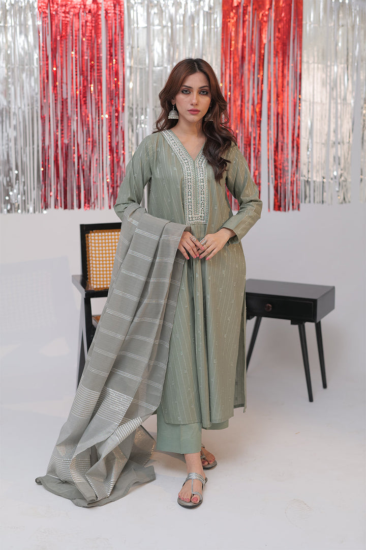 Senorita Women RTW Women Solids Green and Silver Casual plus 3 Piece Suit Cotton Jacquard Dobby LBD-02586 - Winter Collection