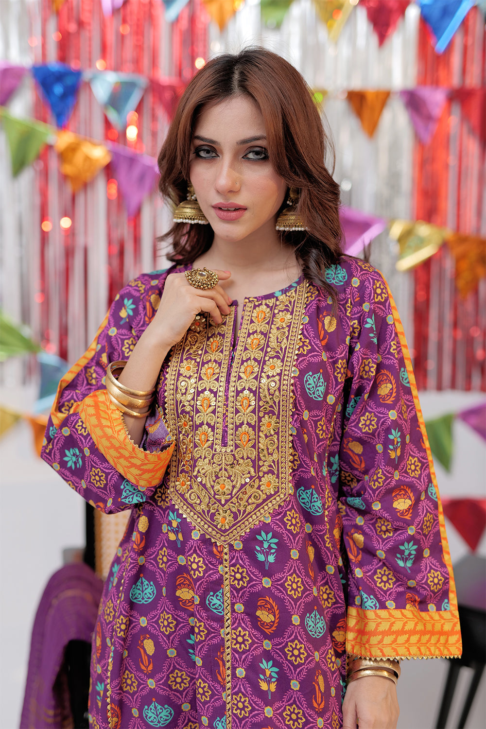 Senorita Women RTW Women Embroidered Purple and Gold Casual Plus 3 Piece Suit Cotton Gold Lawn LBD-02533 - Summer Collection