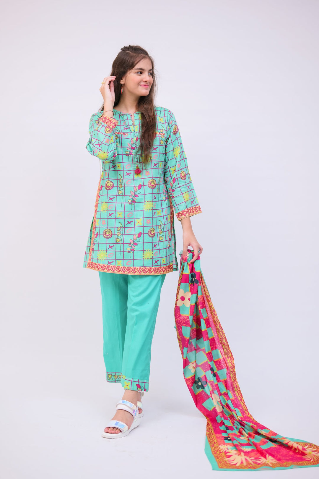 Senorita Girls Ready to Wear Girls Sea Green and Multicolor Casual 3 Piece Suit Cotton Lawn Printed GAD-02749 - Summer Collection