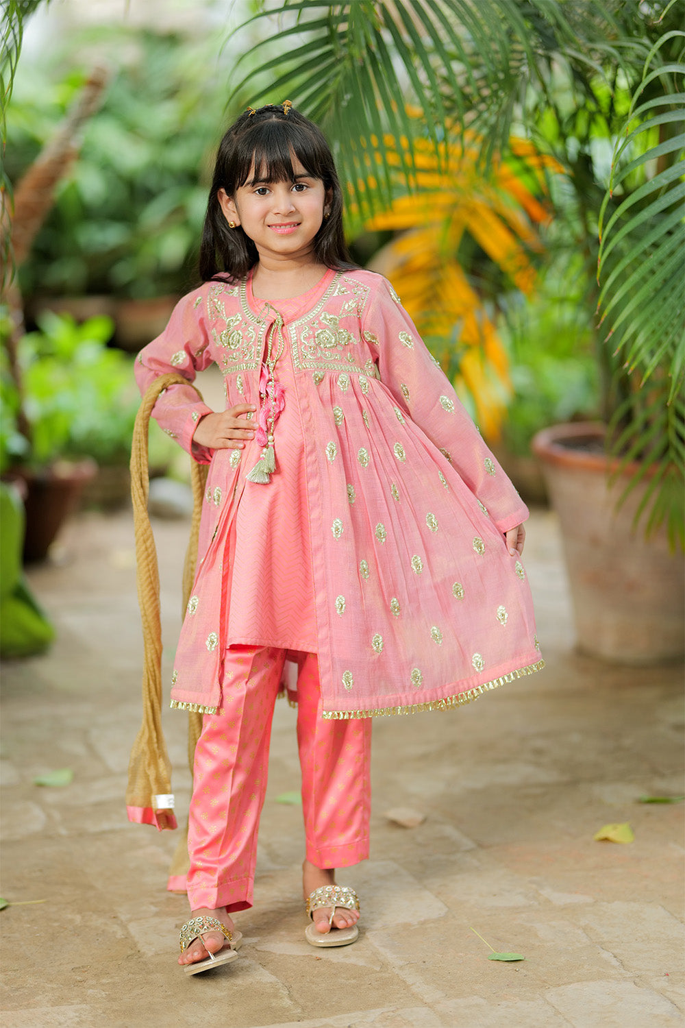 Senorita Kids RTW Kids formal clothes Tea Pink and Gold Formal 3 Piece Suit Banarsi Masuri KDD-03159 - Summer Collection