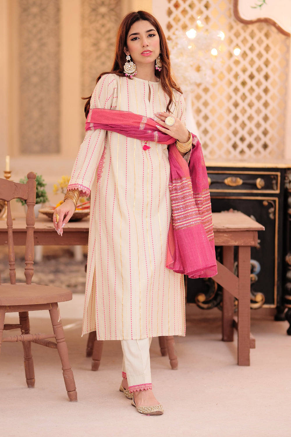 Senorita Women RTW Women Solids Fawn and pink Casual 3 Piece Suit Cotton Dobby LBD-02341 - Winter Collection