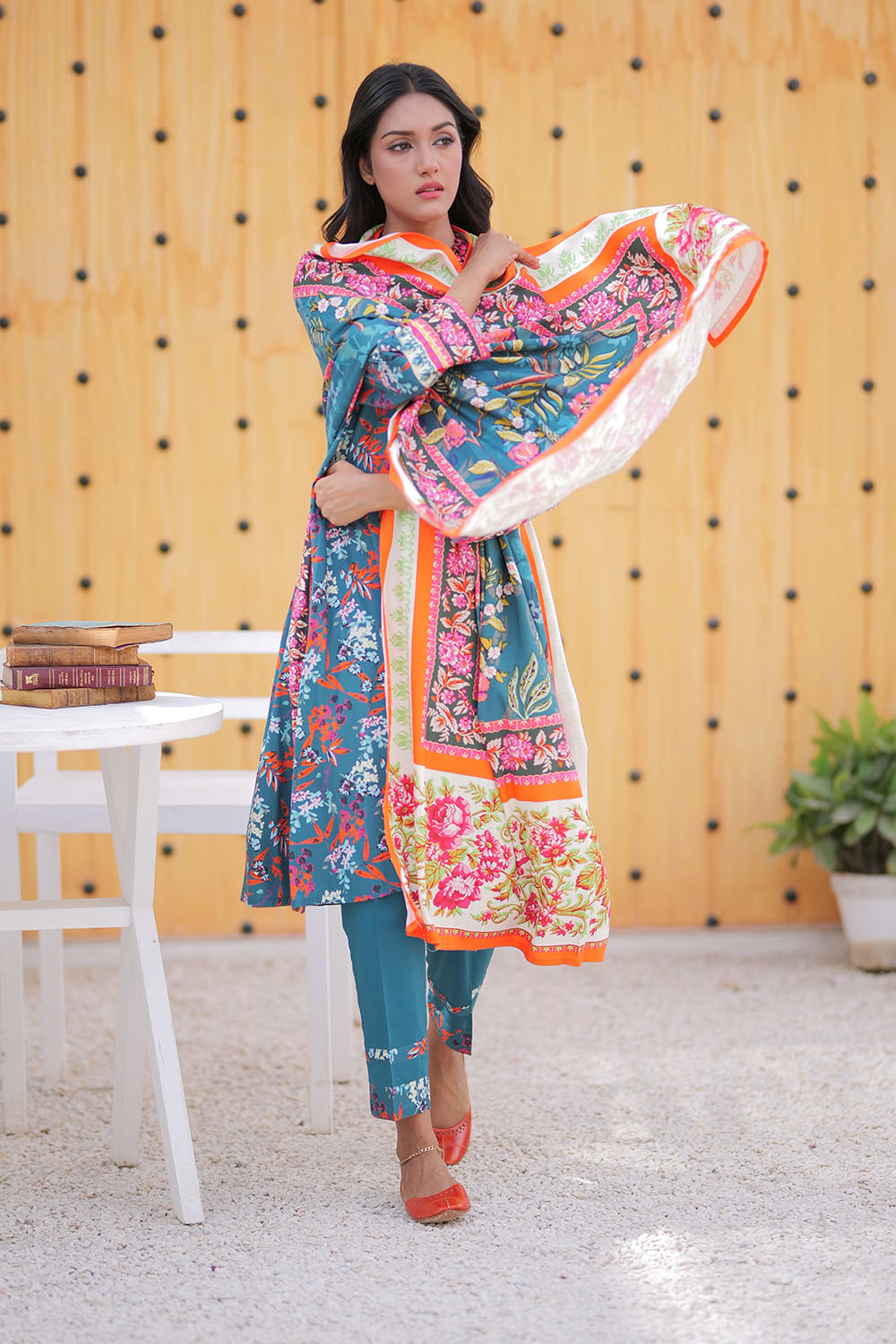 Senorita Women RTW Women Tarquise Green and Multicolor Casual 3 Piece Suit Marina Printed Fabric LAD-02472 - Winter Collection