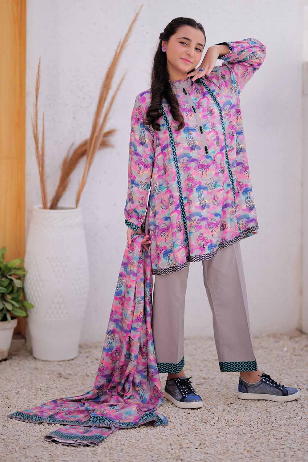 Senorita Girls RTW Girls Grey and Multicolor Casual 3 Piece Suit Marina Fabric Printed GAD-02478 - Winter Collection