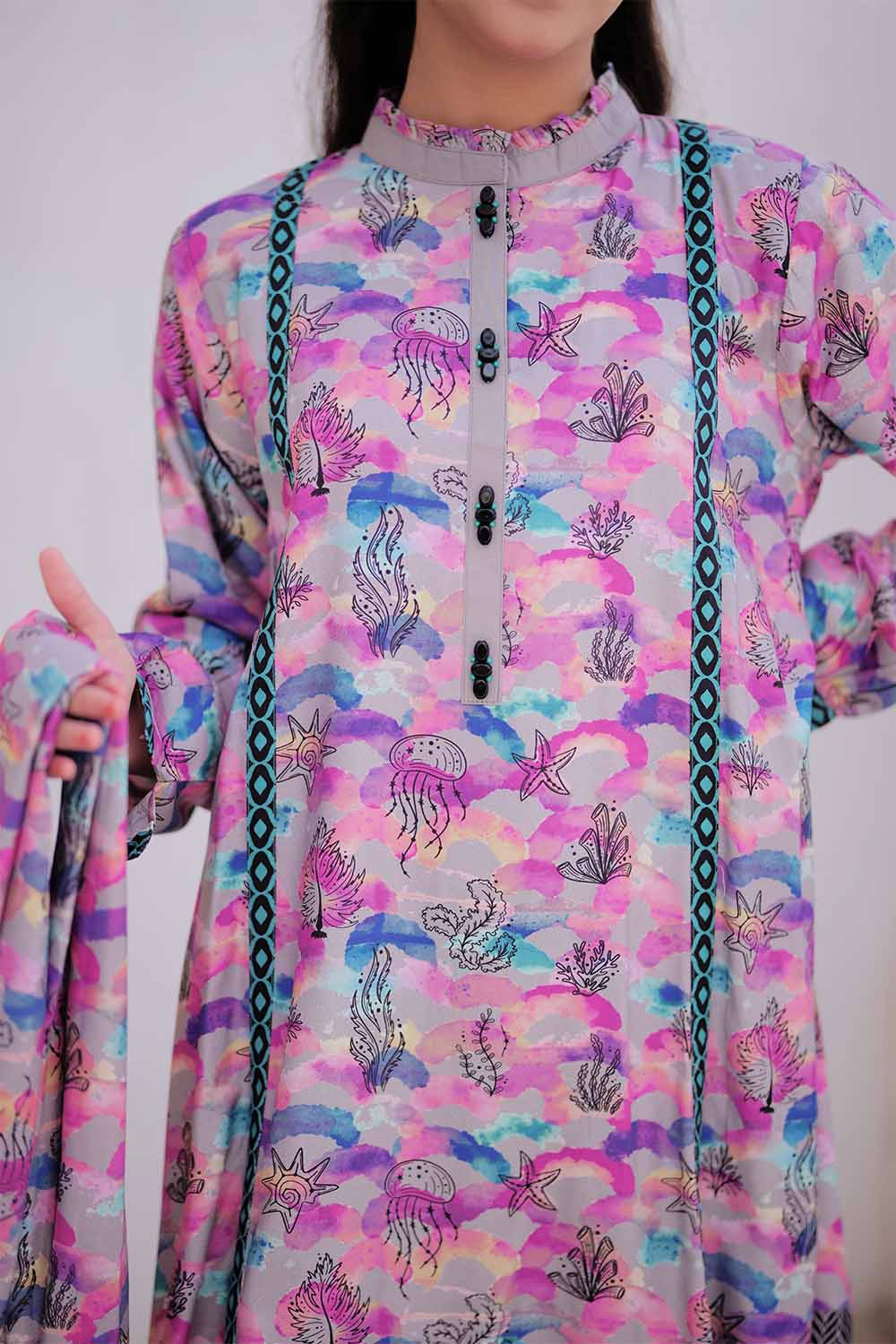 Senorita Girls RTW Girls Grey and Multicolor Casual 3 Piece Suit Marina Fabric Printed GAD-02478 - Winter Collection