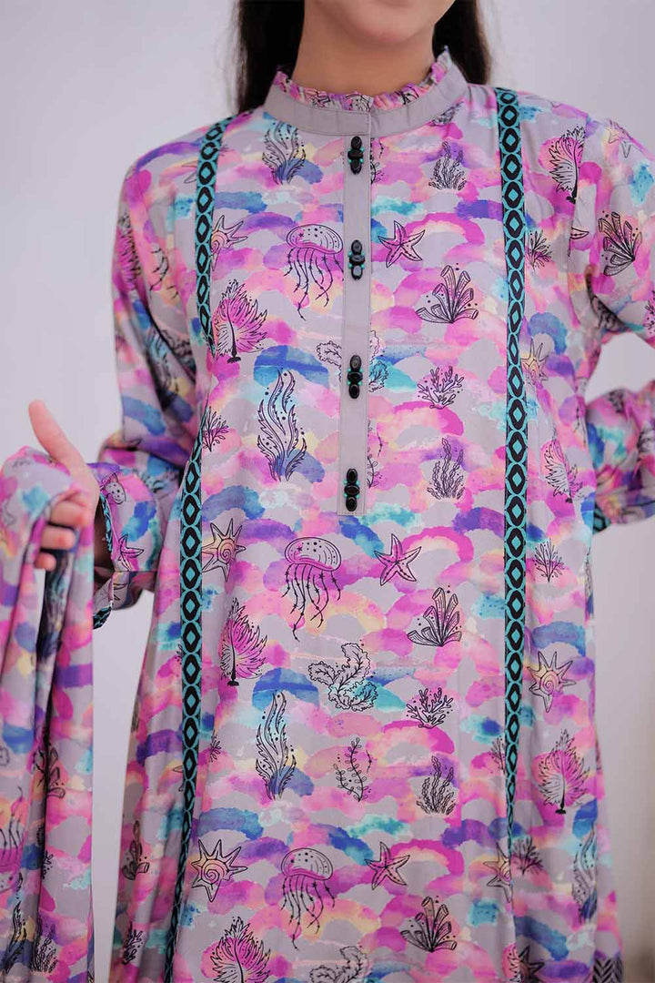 Senorita Girls RTW Girls Grey and Multicolor Casual 3 Piece Suit Marina Fabric Printed GAD-02478 - Winter Collection