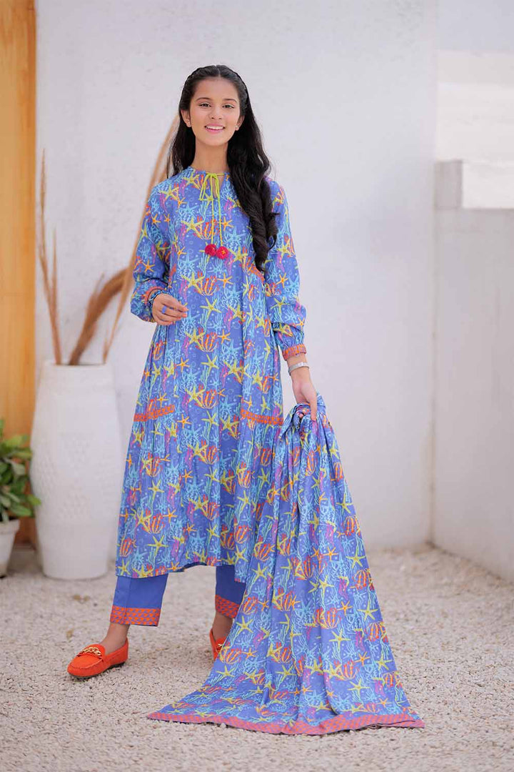 Senorita Girls RTW Girls Blue and Multicolor Casual 3 Piece Suit Marina Fabric Printed GAD-02477 - Winter Collection