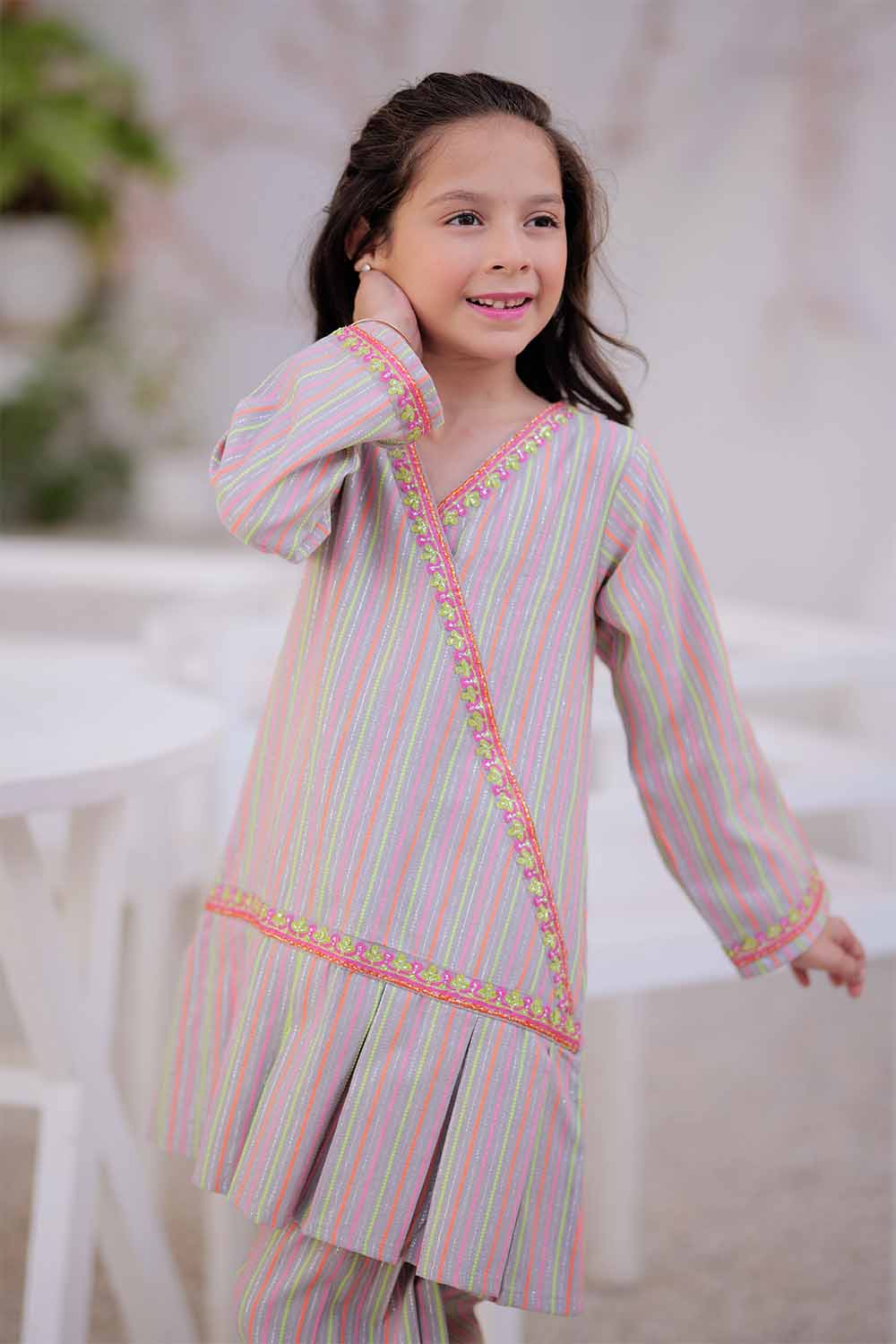 Senorita Kids RTW Light Gry and Multicolor Casual 2 Piece Suit Karandi Neon Dobby KAC-02501 - Winter Collection